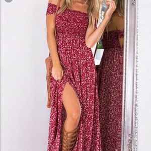 Red floral off shoulder maxi dress